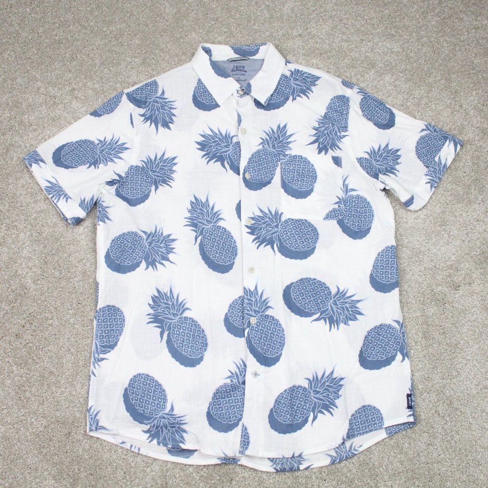 IZOD AOP Shirt Mens Large White Relaxed Classics Pineapple All‎ Over Print S/S